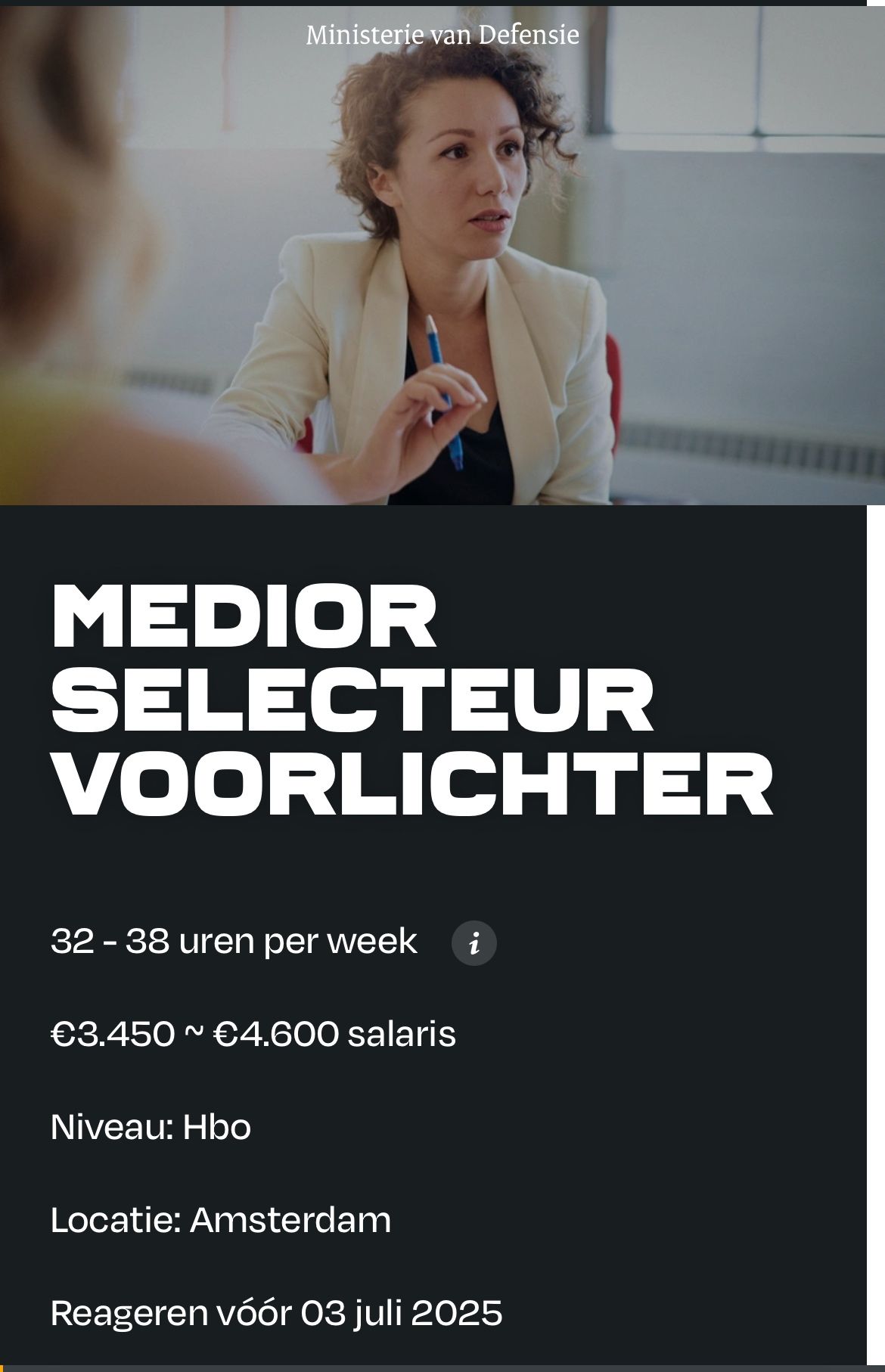 Toe aan een HR-uitdaging waarin je bijdraagt aan een soepel sollicitatieproces? Bij het Dienstencentrum Personeelslogistiek (DCPL) van Defensie vind je die zeker!

Spreekt deze functie jou aan, klik dan op de link https://lnkd.in/g8D8iDAY voor meer informatie. 
#vacature #HR #selectie #burgerbijdefensie #dcpl #werkenbijdefensie