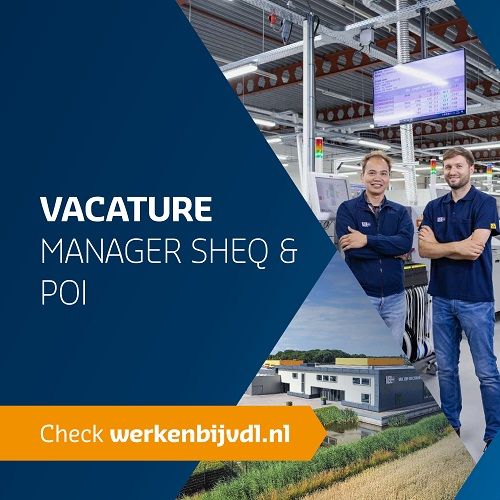 VACATURE Manager SHEQ & POI
Ben jij een gedreven professional met een passie voor techniek, veiligheid, kwaliteit en procesoptimalisatie? Wil jij bijdragen aan de groei en innovatie van een hightech EMS-bedrijf? Dan is deze functie iets voor jou!

Als Manager SHEQ & POI ben je verantwoordelijk voor het dagelijks ontwikkelen, implementeren en bewaken van beleid op het gebied van Safety, Health, Environment & Quality (SHEQ) en Process Optimization & Improvement (POI). 

Lees hier de volledige vacature: https://lnkd.in/ee4uY2CS

#vacature #werkenbijvdl #quality #dirksland #vdltbpelectronics