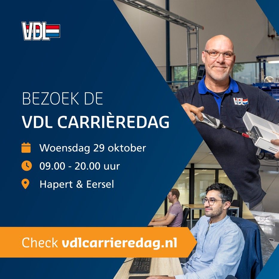 🚀𝗢𝗻𝘁𝗱𝗲𝗸 𝗷𝗼𝘂𝘄 𝘁𝗼𝗲𝗸𝗼𝗺𝘀𝘁 𝗯𝗶𝗷 𝗩𝗗𝗟 – 𝗖𝗮𝗿𝗿𝗶è𝗿𝗲𝗱𝗮𝗴 𝟮𝟬𝟮𝟱🚀

Ben jij klaar om jouw talenten te laten zien, nieuwe kansen te ontdekken en mee te bouwen aan innovatieve oplossingen? 
Kom dan op woensdag 29 oktober naar de VDL Carrièredag.

Maak kennis met onze teams, ontdek onze projecten en ervaar zelf waarom werken bij VDL zoveel meer is dan een baan.

Of je nu een student bent, een ervaren vakprofessional, of als zij-instromer benieuwd bent naar de mogelijkheden: je bent van harte welkom!

Meer weten of je alvast aanmelden? Neem dan een kijkje op: https://lnkd.in/eHYE7jdY

#VDL #Carrieredag #Vacatures #WerkenbijVDL #Hapert #Eersel